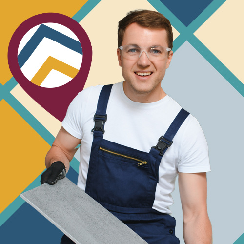 Tile flooring installer holding a tile for local SEO marketing services